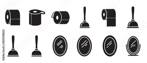 Black bathroom and toilet accessory icons featuring various toilet paper rolls, plungers, and oval mirrors presented in a clean minimalist vector graphic style