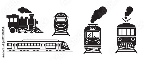 Set of black vector train icons showing various types of locomotives, including steam, modern high-speed, electric, and tramway vehicles for public transportation