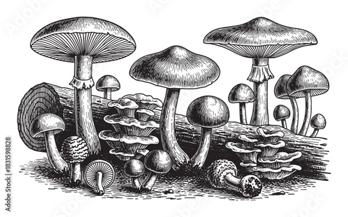 Various types of wild forest mushrooms growing on a fallen log, depicted in a detailed black and white vintage engraving style with intricate hatching and shading