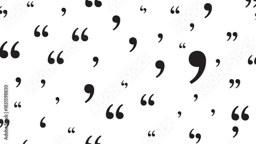 Scattered black commas and quotation marks forming a minimalist monochrome pattern, a simple and modern abstract typographic texture for communication concepts