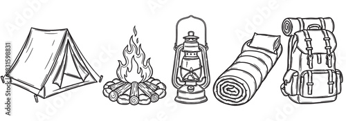 Hand-drawn camping and hiking equipment icons set with a tent, campfire, lantern, sleeping bag, and backpack in a simple black and white sketch line art illustration style