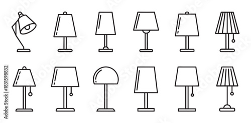 Collection of table lamp icons in a minimalist line art style showing various designs of desk and bedside lighting fixtures for home interior and office decoration concepts