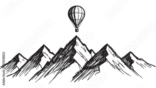 Hand-drawn black ink sketch of a hot air balloon floating serenely above a majestic mountain range, rendered in a minimalist and rustic artistic style for adventure concepts