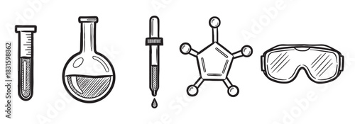 Set of hand-drawn science icons featuring a test tube, flask, dropper, molecule, and safety goggles in a black and white sketch style for chemistry and laboratory concepts