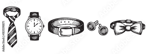 Hand-drawn men's formal wear accessories set including a necktie, wristwatch, belt, cufflinks, and bow tie in a black and white sketch style illustration