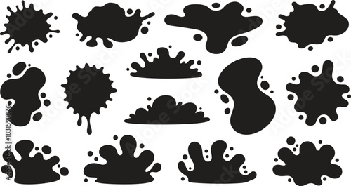 Water drops, black sea ocean waves stencil. Liquid elements, cry droplet icons vector set. Ink, sauce, river isolated splashes