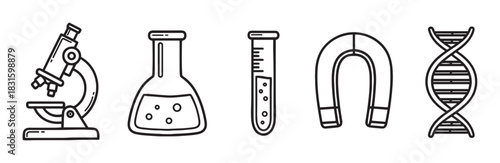 Black and white science icon set featuring a microscope, laboratory flask, test tube, horseshoe magnet, and DNA helix in a simple, clean line art style
