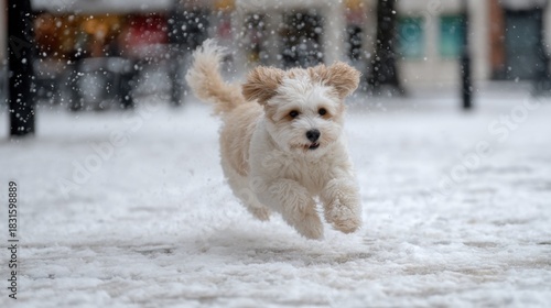 Fototapeta Naklejka Na Ścianę i Meble -  Small white dog running on a snowy street. the dog appears to be a maltese or a similar breed, with fluffy fur and a black nose. it is running with its front legs stretched out and its tail wagging.