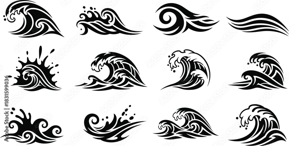 Fototapeta premium Ocean waves collection. Sea storm wave isolated. Waves, water elements set. Nature wave water storm linear style illustration
