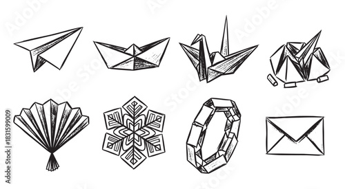 Set of hand-drawn origami figures in a black and white sketch style, featuring a paper plane, boat, crane, fan, snowflake, ring, and envelope illustration collection