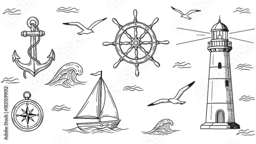 Set of hand-drawn nautical illustrations featuring a lighthouse, anchor, ship wheel, sailboat, and compass in a vintage black and white line art sketch style for maritime themes