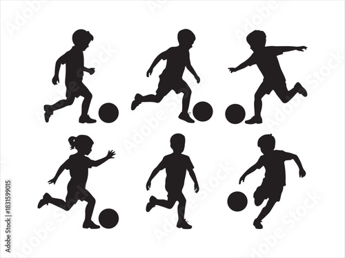 Kids Playing Football Silhouette | Children Soccer Players Icon
