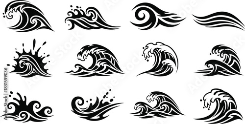 Ocean waves collection. Sea storm wave isolated. Waves, water elements set. Nature wave water storm linear style illustration