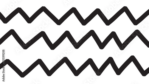 Three black hand-drawn zigzag lines create a minimalist geometric pattern with a rough, artistic texture, showcasing a simple and modern abstract design element in a horizontal layout