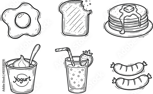 hand drawn doodle breakfast food icons set