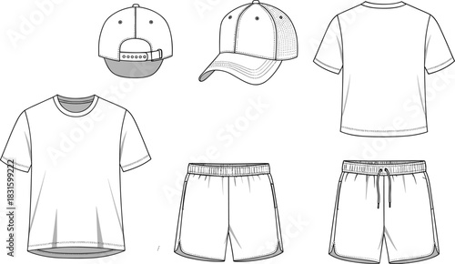 T-shirt shorts and cap technical flat sketch with front and back view for casual outfit fashion design, cad drawing flat vector illustration