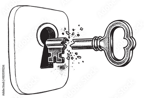 Broken vintage key shattering inside a keyhole in a textured black and white hand-drawn illustration representing failure, problems, and access denied