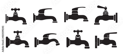 Set of black water faucet icons with various designs including lever and cross handles for plumbing fixtures, presented as a minimalist graphic vector illustration collection