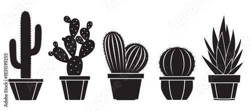 Set of five black cactus and succulent plant silhouettes in pots, featuring various species in a minimalist graphic icon style for botanical or desert-themed design
