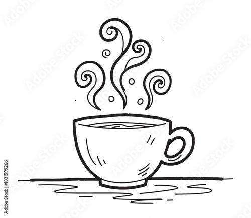 Hand-drawn doodle sketch of a steaming hot coffee cup with curly vapor rising in a simple, minimalist black and white line art illustration