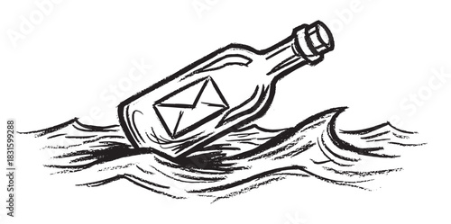 Hand-drawn black ink illustration of a message in a bottle floating on ocean waves, depicted in a simple, rustic, and graphic woodcut style