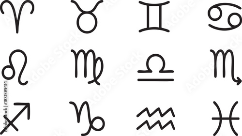 All 12 Zodiac Signs Outline Icon Set for Astrology and Horoscope Concepts