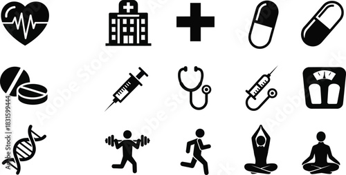 Medical Icons: A collection of various medical equipment icon, including a monitor showing heart rate, oxygen tank and other in an easily identifiable illustration.