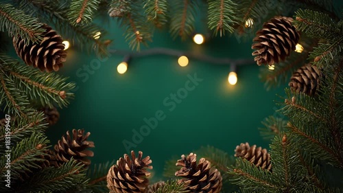 Pine branches with pinecones frame a festive deep green background and fairy lights.