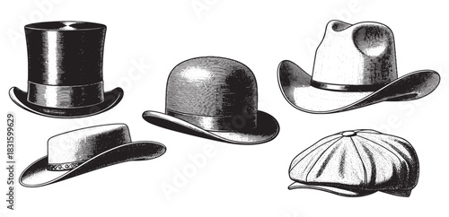 Collection of five vintage men's hats in a detailed black and white engraving style, featuring a classic top hat, bowler, cowboy hat, fedora, and a newsboy flat cap
