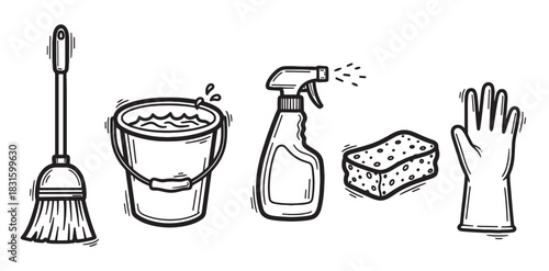 Set of hand-drawn cleaning supplies including a broom, bucket, spray bottle, sponge, and rubber glove in a black and white doodle style illustration for household chores