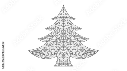 Ornate Holiday Emblem: A beautifully detailed line art illustration of a Christmas tree with intricate patterns, perfect for coloring and festive designs. 