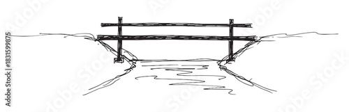 Small wooden bridge sketched with black ink crosses over a flowing stream, depicted in a simple, minimalist, and conceptual hand-drawn line art style