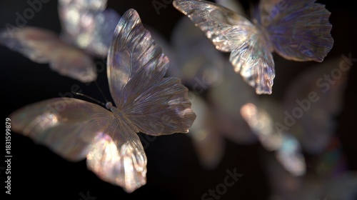 Close-up of a group of butterflies flying in the air. the butterflies are in motion, with their wings spread wide and their bodies slightly blurred.