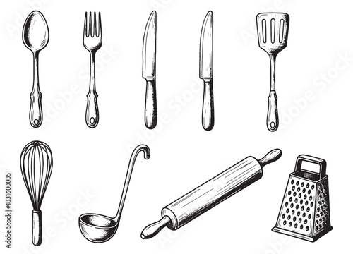 Collection of hand-drawn kitchen utensils including a spoon, fork, knife, spatula, whisk, ladle, and rolling pin in a vintage black and white engraved style