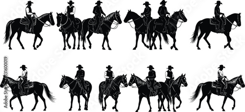 Cowboy riding horse silhouette set with western men in various poses and motion, perfect for vintage ranch concept, cad drawing flat vector illustration