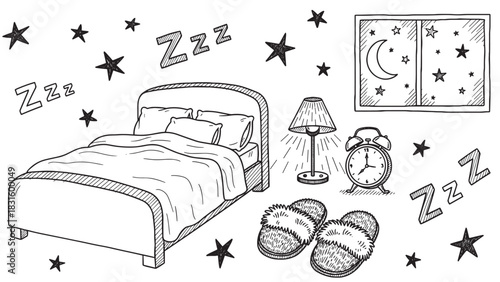 Hand-drawn bedroom doodle set in black ink featuring a cozy bed, alarm clock, slippers, and a window with a starry night sky, illustrating the concept of sleep and rest