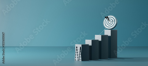Foto Business growth concept with ascending bar steps leading to a target board with arrows