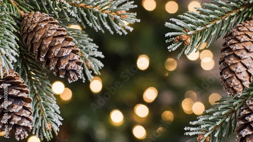 Pine branches with pinecones frame a festive deep green background and fairy lights.