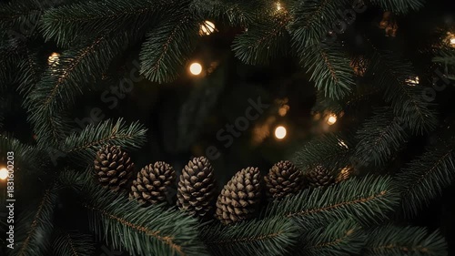 Pine branches with pinecones frame a festive deep green background and fairy lights.