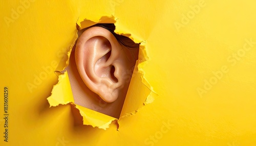 Human ear peering through a tear in bright yellow paper or material.