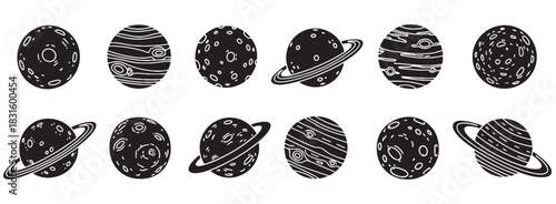 Collection of twelve hand-drawn planets in a black and white doodle style, featuring various celestial bodies with rings, craters, and abstract patterns for a cosmic theme