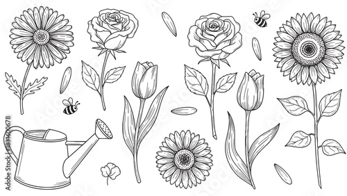Collection of hand-drawn black line art flowers including roses, tulips, sunflowers, and daisies with a watering can and bees in a vintage sketch style