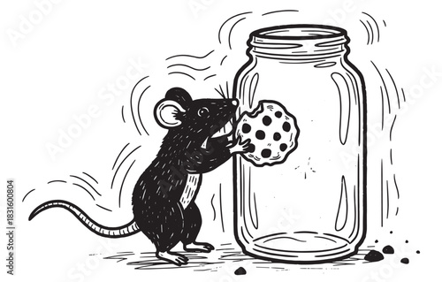 Black and white hand-drawn mouse character holding a chocolate chip cookie next to an empty glass jar in a whimsical, vintage storybook illustration style