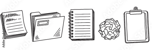 Hand drawn office supply doodle icons set featuring a folder, notebook, clipboard, and crumpled paper in a simple black and white line art illustration style for business themes