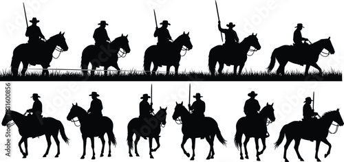 Cowboy soldiers on horseback with swords silhouette set in various poses for western battle concept, cad drawing flat vector illustration