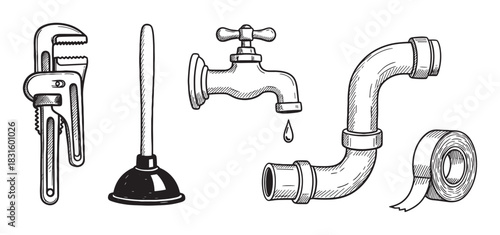 Hand-drawn set of plumbing tools including a pipe wrench, plunger, faucet, pipe, and tape in a black and white vintage sketch style for repair and maintenance concepts