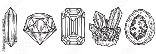 Set of hand-drawn crystal and gemstone illustrations in a black and white sketch style, featuring various shapes like a geode, faceted diamond, and quartz cluster for geological or esoteric themes