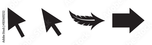 Set of four black cursors and arrows showing a conceptual evolution from a standard digital pointer to a natural feather shape and a simple directional symbol for navigation