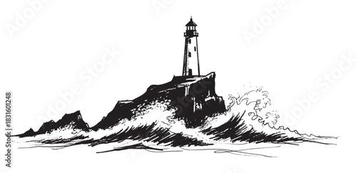 Tall lighthouse on a rocky cliff stands against crashing ocean waves in a dramatic black and white hand-drawn ink sketch illustration with a stormy, moody atmosphere