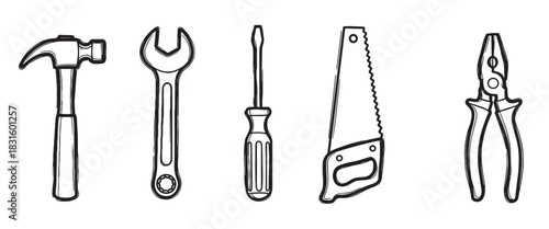 Set of hand-drawn construction tools including a hammer, wrench, screwdriver, saw, and pliers in a simple black and white line art sketch style for DIY and repair concepts